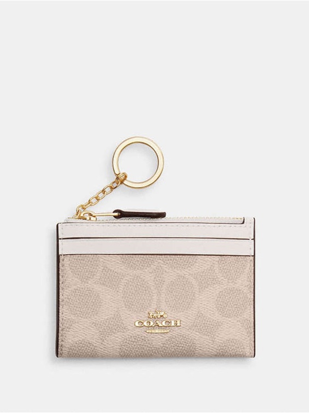 Coach Beige and Chalk Card Holder with Gold Key Ring
